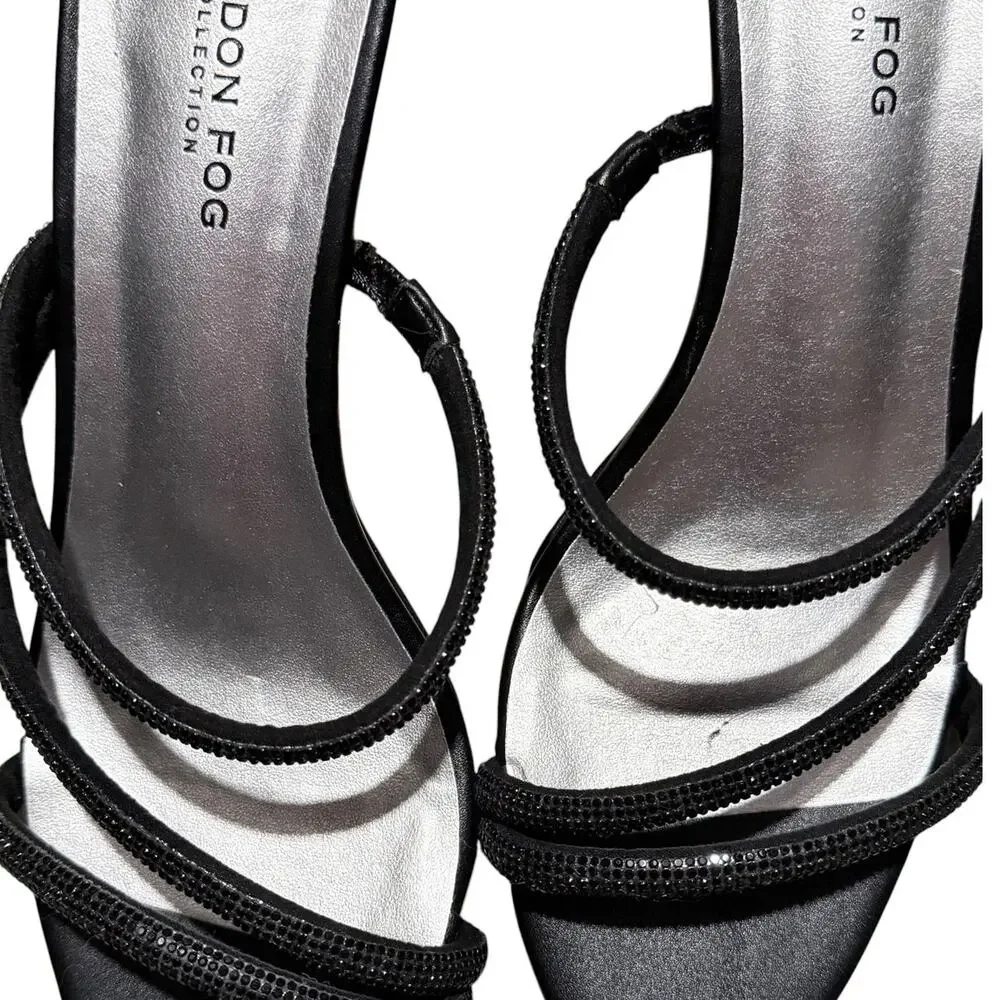 London Fog Women’s Size 7.5W Black Rhinestone Strappy Wedge Sandals